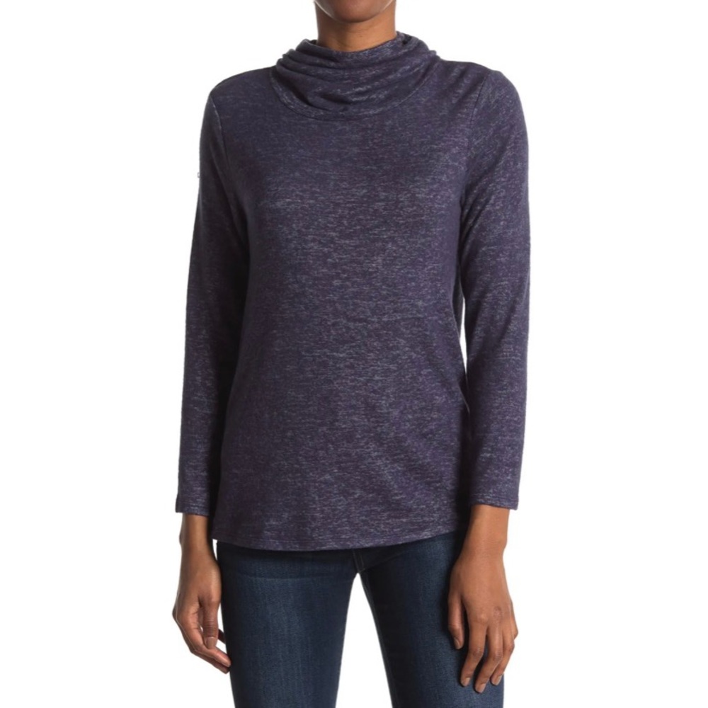 Bobeau Cowl Neck Built-in Face Mask Space Dye Print Sweater - Dark Denim